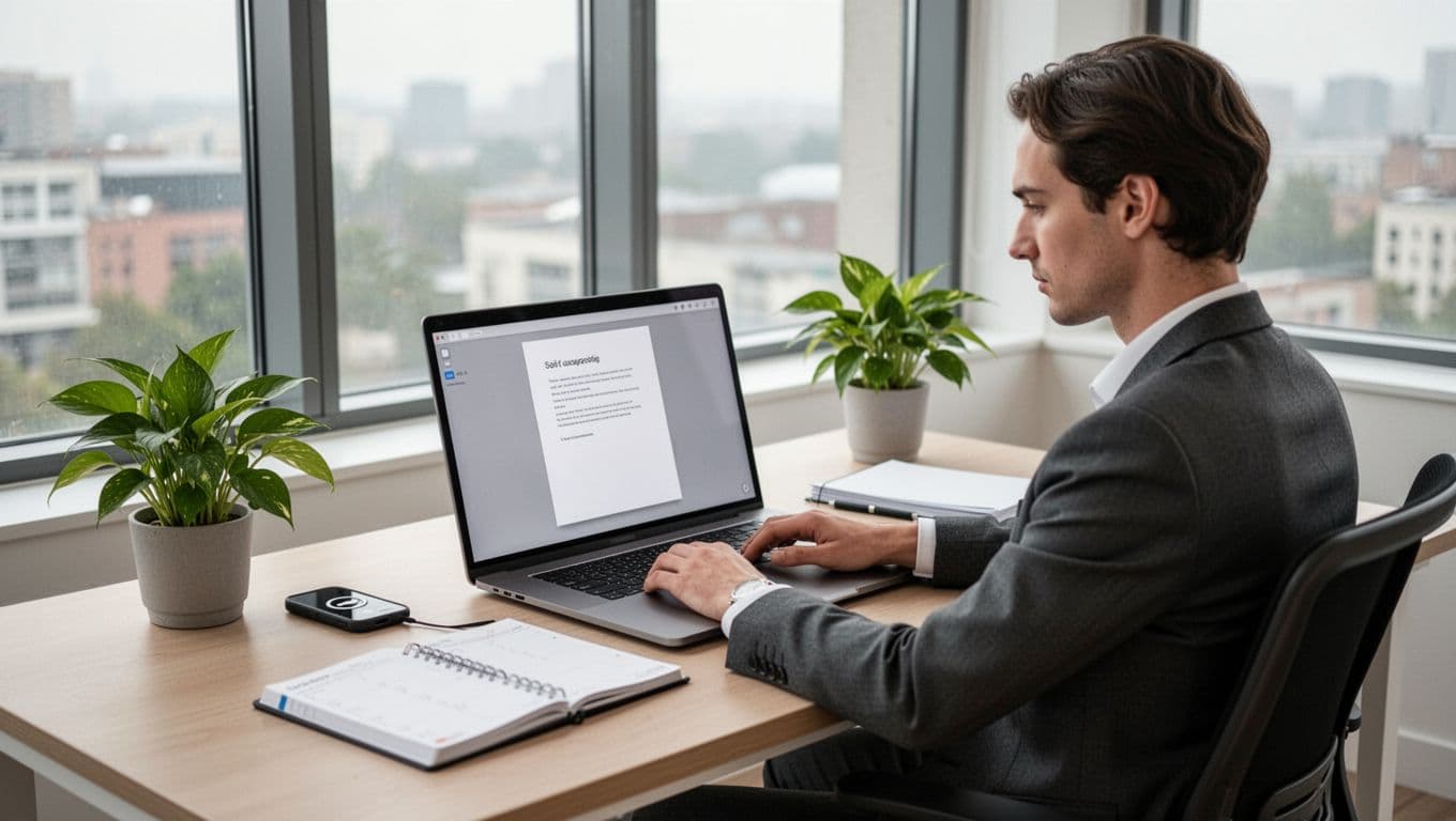 A calm, focused professional types on a laptop displaying a single document in focus mode at a tidy desk in a minimalist modern office. The serene setup features a silenced phone, open notebook planner, green plant, large window with daylight view, relaxed posture, soft natural lighting, exactly one person, and no visible distractions or notifications.