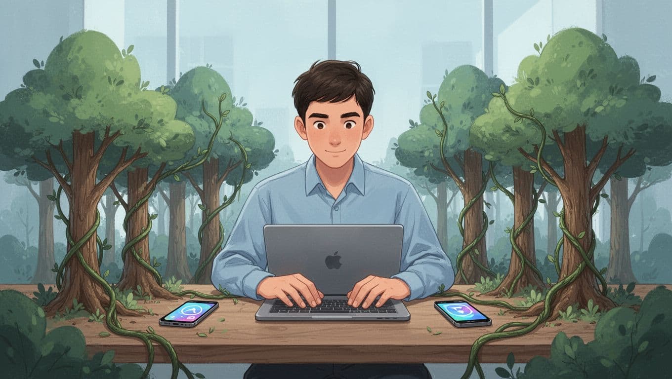 Young professional at wooden desk intently working on laptop, smartphone hidden behind growing forest barrier of trees and vines, in clean modern illustration style with pastel blues and greens.