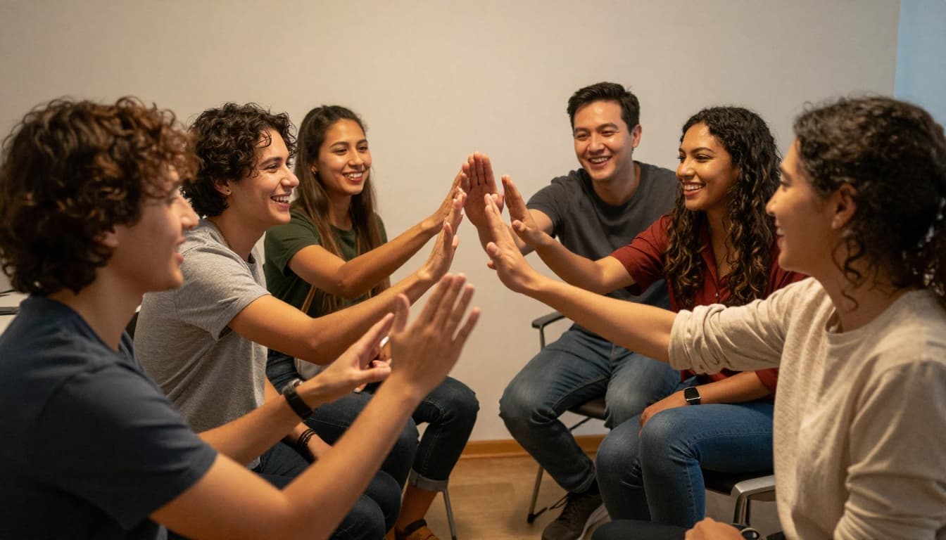 A small group of exactly four colleagues in a bright casual office exchanging high-fives at the end of the week, with expressions of gratitude, dynamic low-angle composition, photorealistic style, and warm lighting.