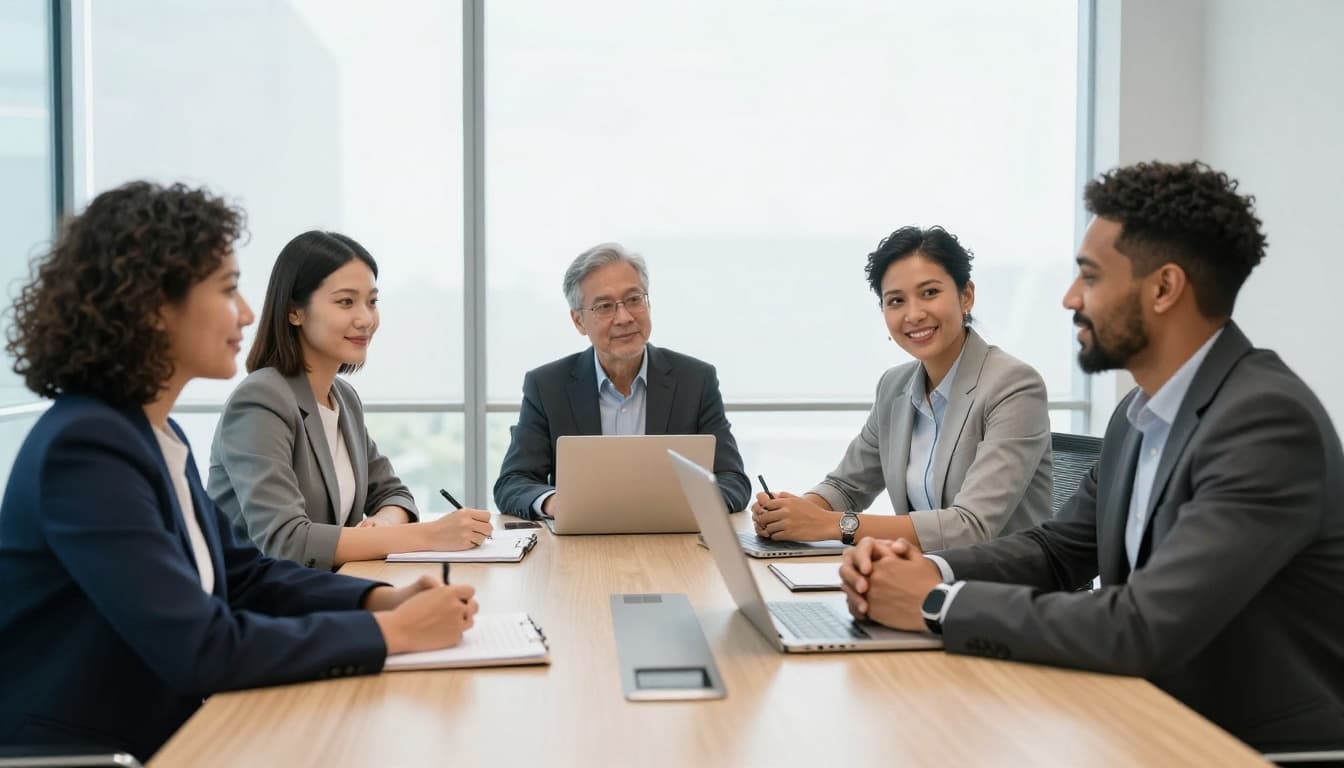 Group of four diverse executives seated around a table with notebooks in a modern office meeting room, smiling and discussing calmly under natural daylight in a realistic photo.
