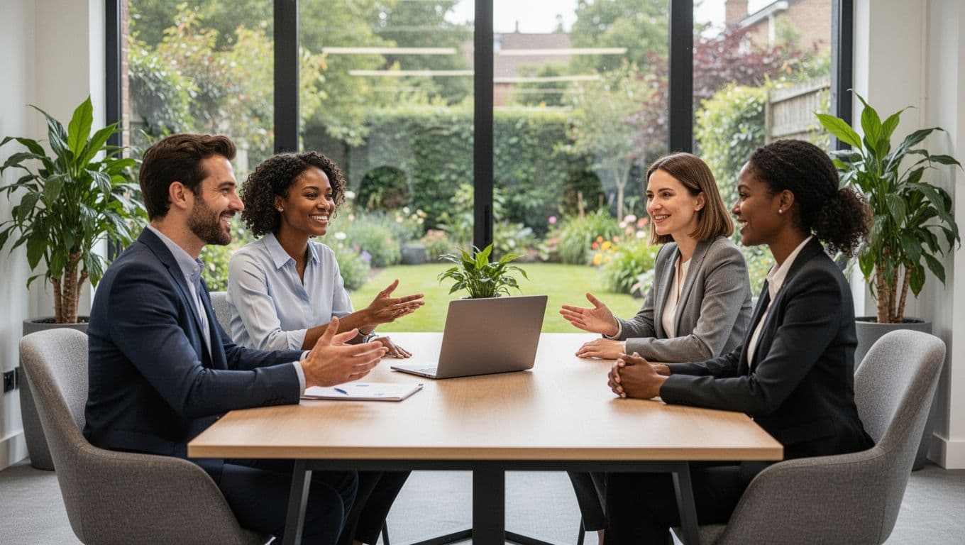 A group of exactly four professionals—two men and two women with light ethnic diversity—holds an informal meeting around a table in a bright office, smiling with open gestures, a laptop at the center, comfortable chairs, plants, and garden view. Modern corporate photography captures a positive collaborative mood, with no extra people, text, or borders.
