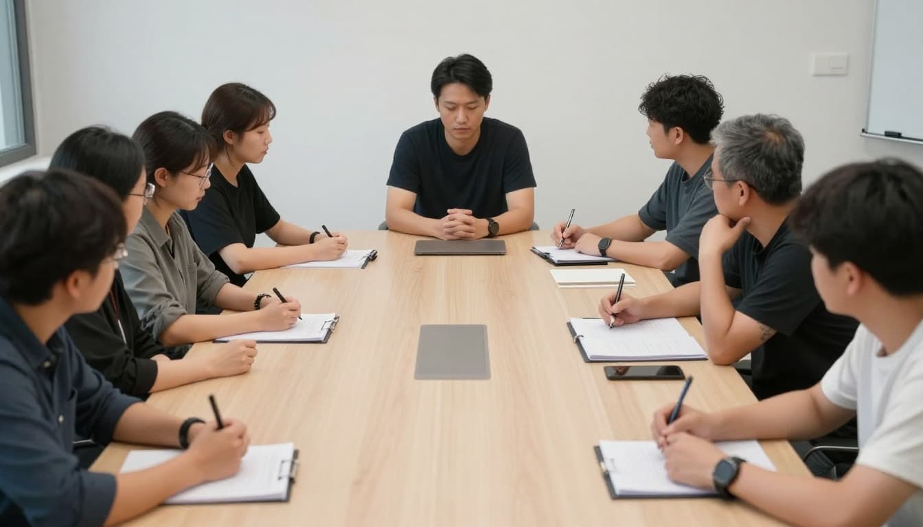A small group of exactly four employees in a bright conference room starts a short meeting with a one-minute collective breathing pause led by the leader, featuring calm and concentrated expressions, natural hand positions, and professional soft-lit photography style.