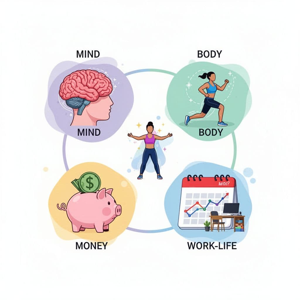 Balanced icons illustrating the four pillars of wellbeing—mind, body, money, and work-life balance—arranged in a circle on a clean background in flat design style with bright colors and centered composition.