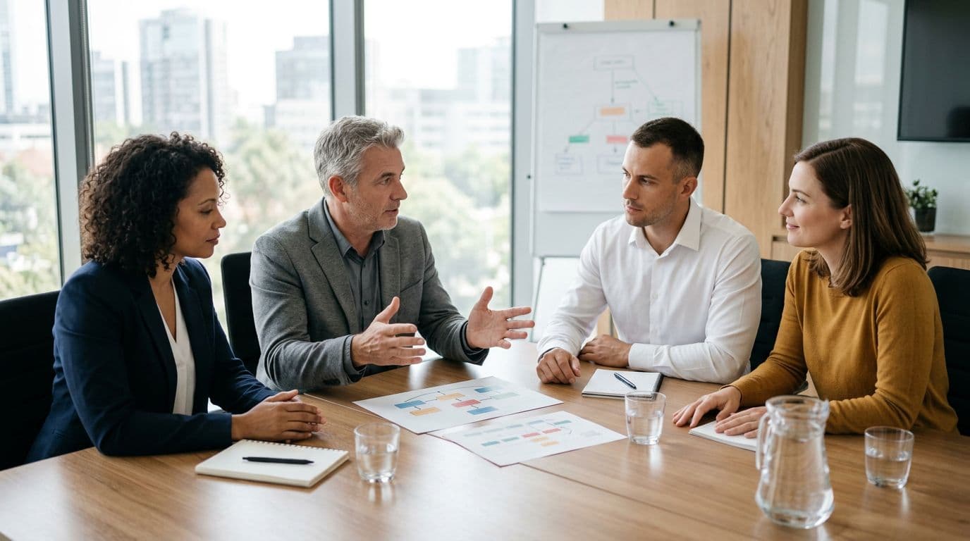 Exactly four professionals in a bright conference room discuss clear project roles using simple charts on a table, with calm focused expressions and soft natural lighting.