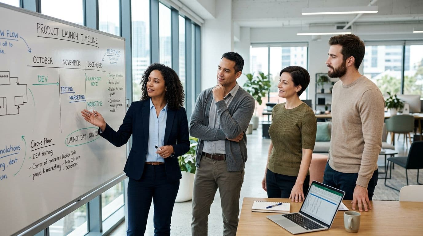 A small team of exactly four professionals in a modern open office calmly reviews a product launch timeline on a large whiteboard, with relaxed postures, natural daylight, and realistic photography style.