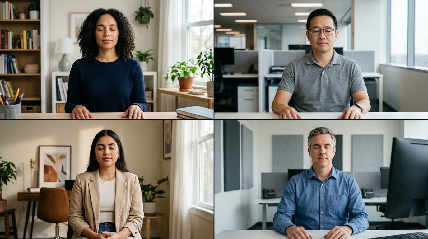 A small group of exactly four professionals in a virtual meeting pauses for a breathing reset, with cameras on, calm expressions, and relaxed visible hands against home office and corporate backgrounds. Wide split-screen composition in realistic photographic style with soft neutral lighting, no text, logos, or watermarks.