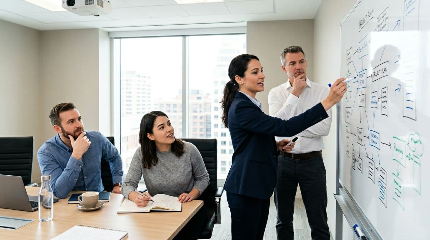 A small group of exactly four professionals collaborates on a whiteboard in a bright meeting room, with focused yet relaxed expressions, one holding a marker and coffee on the table.