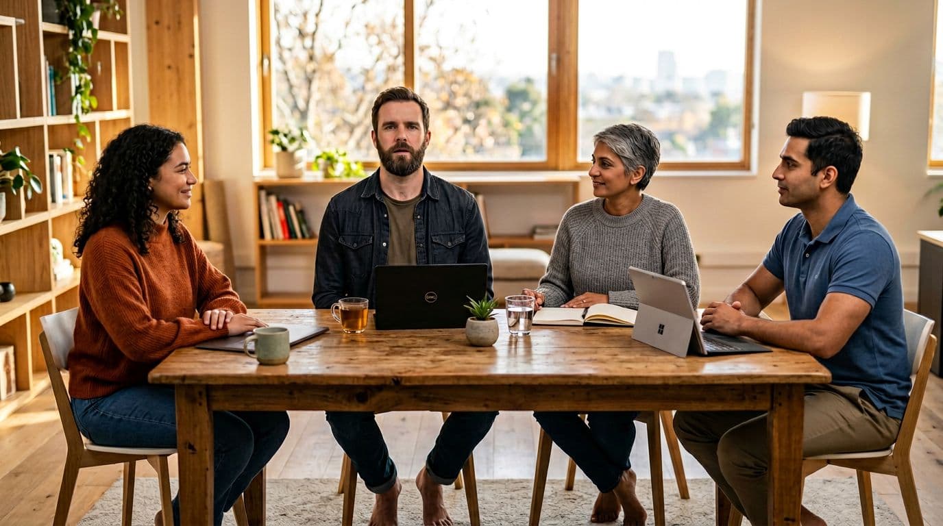Quatro colegas relaxados em uma reunião de trabalho calma e focada, com laptops fechados e um deles praticando uma técnica rápida de respiração.