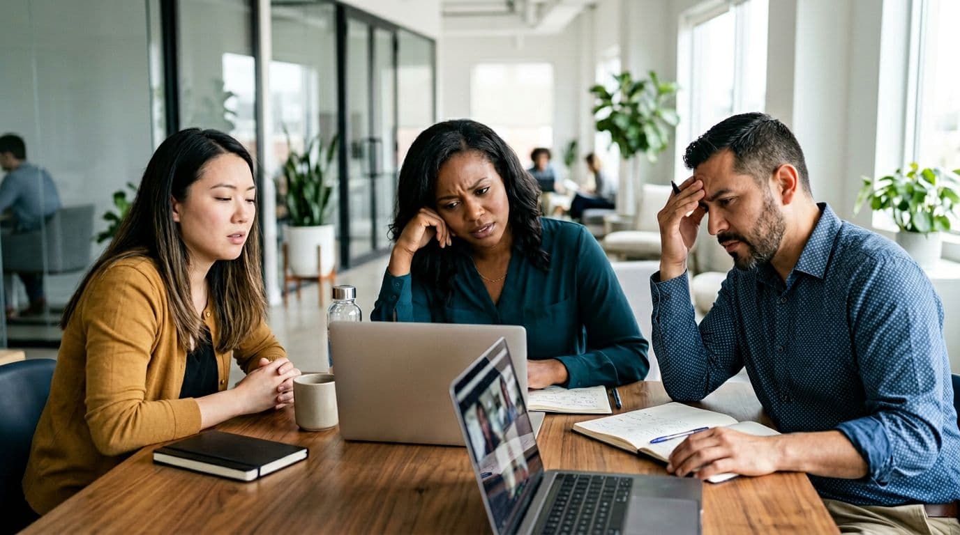 Three diverse professionals seated around a table with laptops and notes in a bright modern office, displaying mild frustration from work overload during a hybrid meeting, centered on faces and gestures in realistic photographic style.