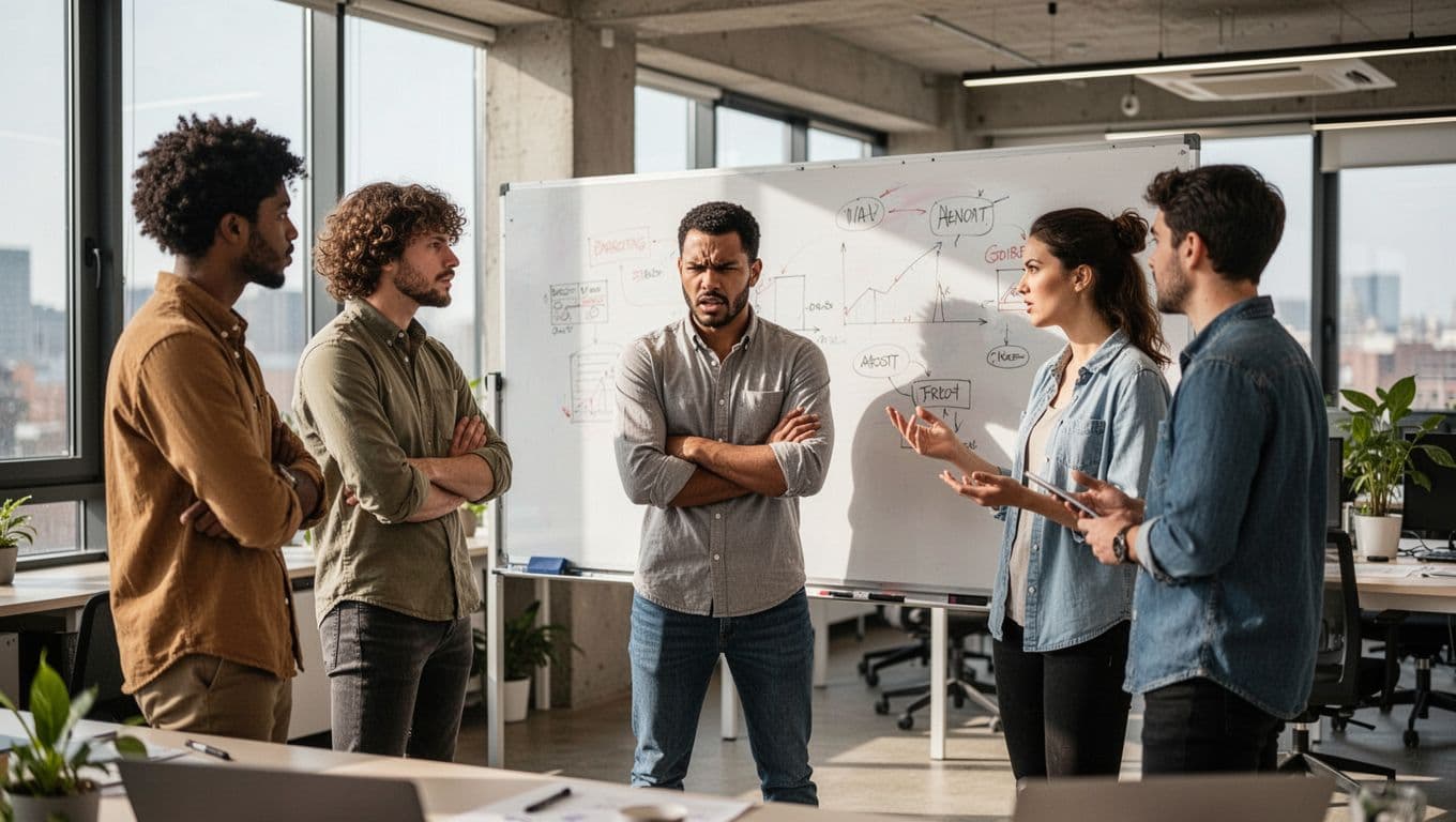 Diverse high-growth startup team in modern open office stand-up meeting; one frustrated employee with crossed arms, others engaged at whiteboard, natural daylight, realistic photo.