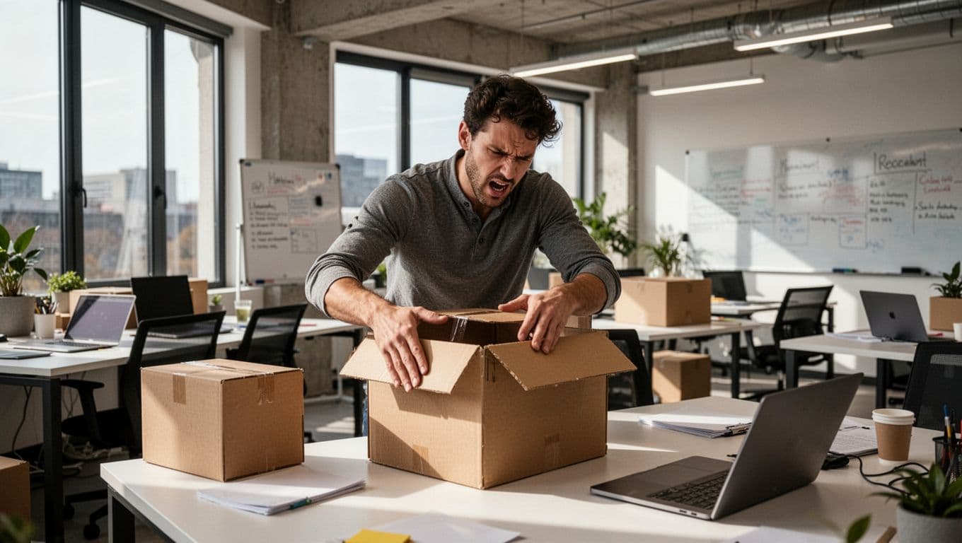 In a modern high-growth startup office, a frustrated employee packs boxes with relaxed hands while a diverse team works intensely on laptops and whiteboards, conveying tension and dynamism in realistic style with natural lighting.
