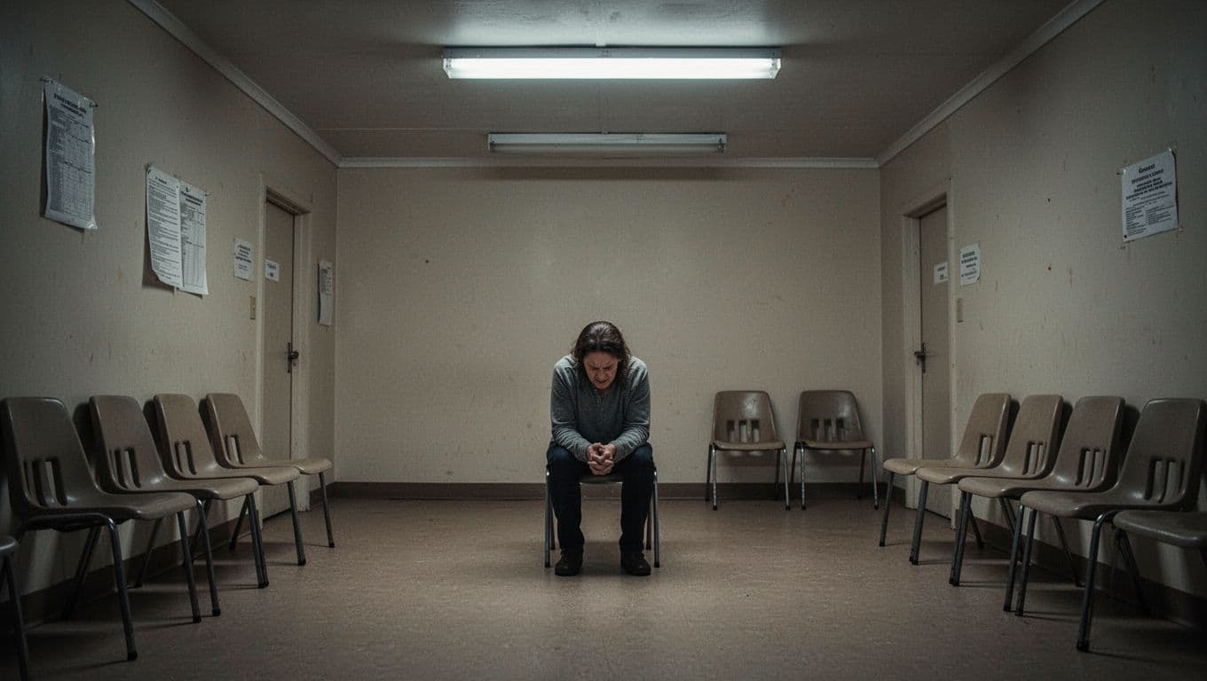A single frustrated person waits alone in a dimly lit, empty waiting room of a rural mental health clinic, wide-angle view highlighting isolation and lack of services.