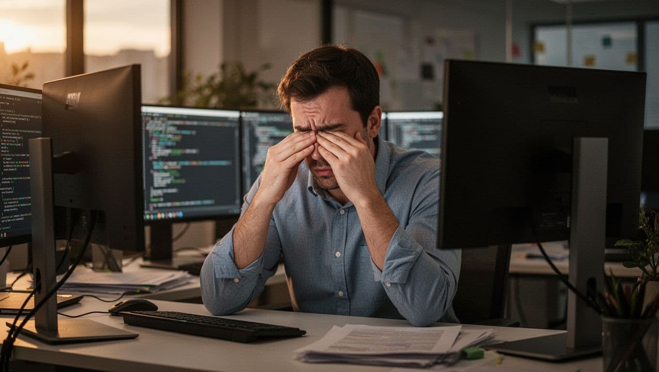 A frustrated office worker rubs their eyes at a cluttered computer desk with multiple screens under dim late afternoon lighting, illustrating the effects of eye strain from ignoring screen breaks.