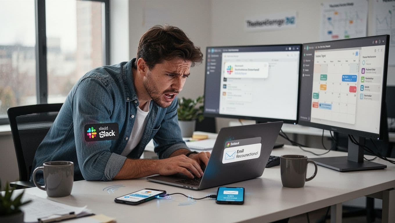 A frustrated office worker in a modern setting leans forward tensely at a desk, glancing at a laptop with a blurred Slack notification popup, while a phone buzzes with an email alert and a calendar reminder shows on the secondary monitor amid natural window light and a coffee mug.