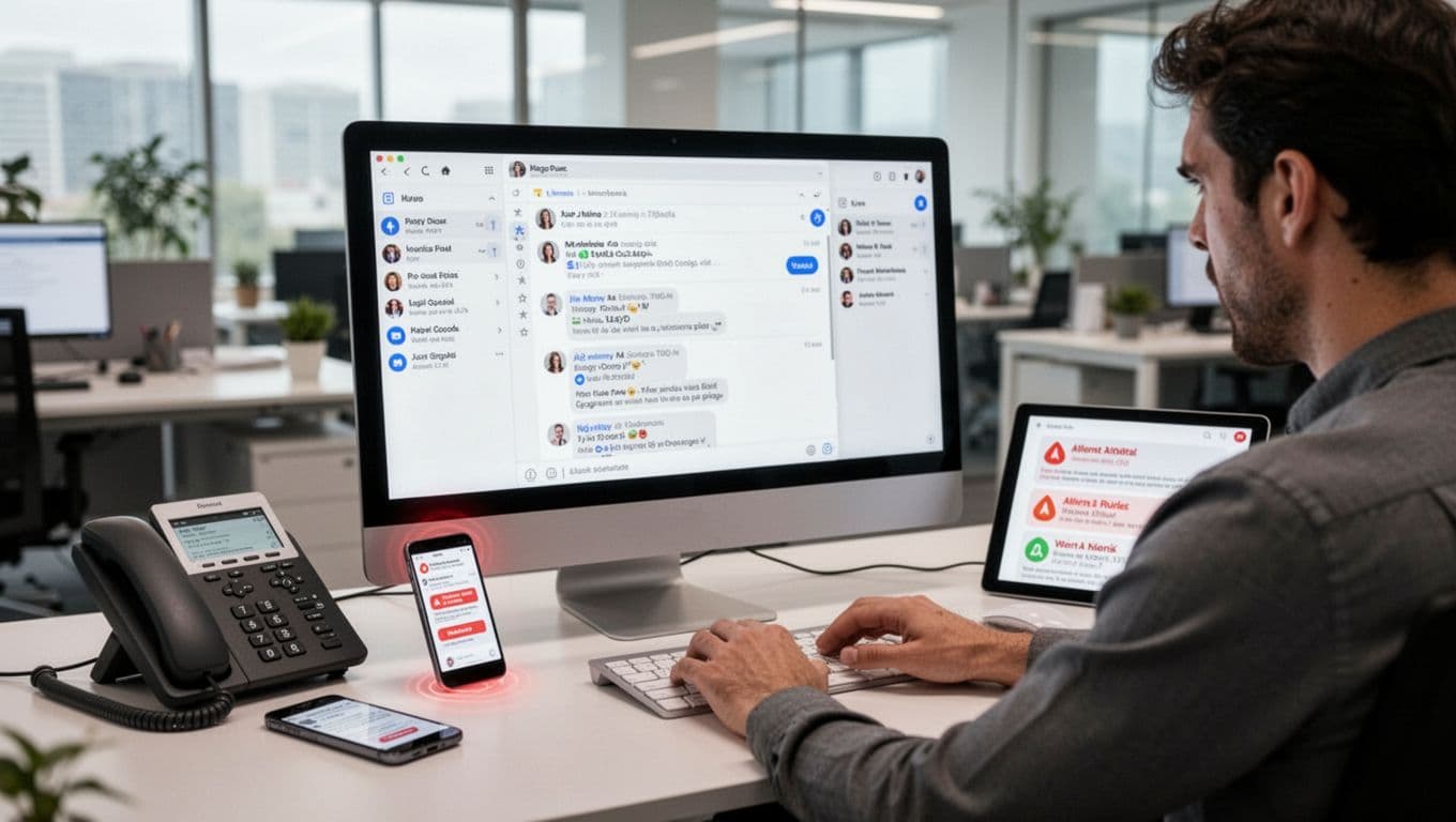 Office desk with computer showing multiple email and chat tabs, vibrating mobile phone with red notifications, tablet with alerts, and one frustrated person sitting at the desk staring at the screens in a modern office with soft natural light.