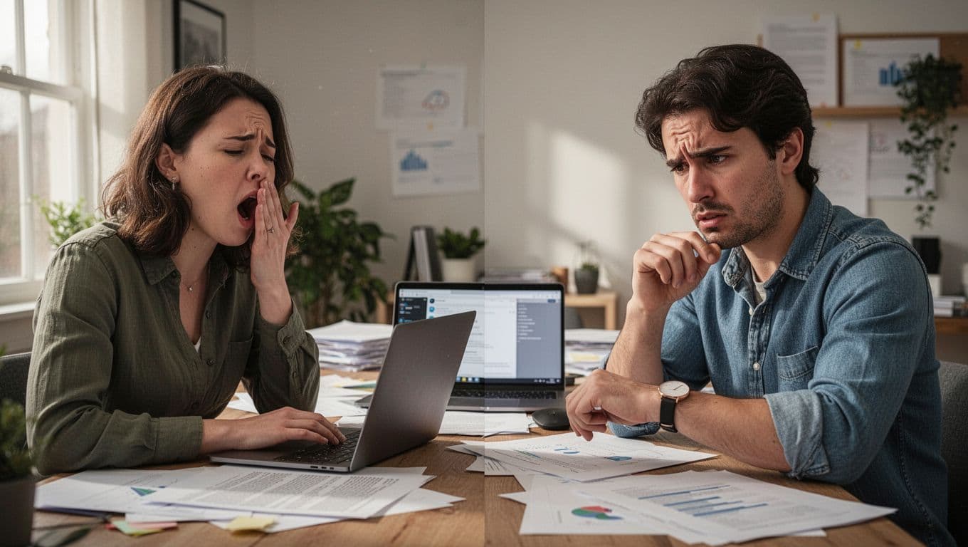 Frustrated remote team on a video call with one yawning and another checking their watch amid messy home offices, wide composition highlighting disconnection in realistic style with dim natural lighting.
