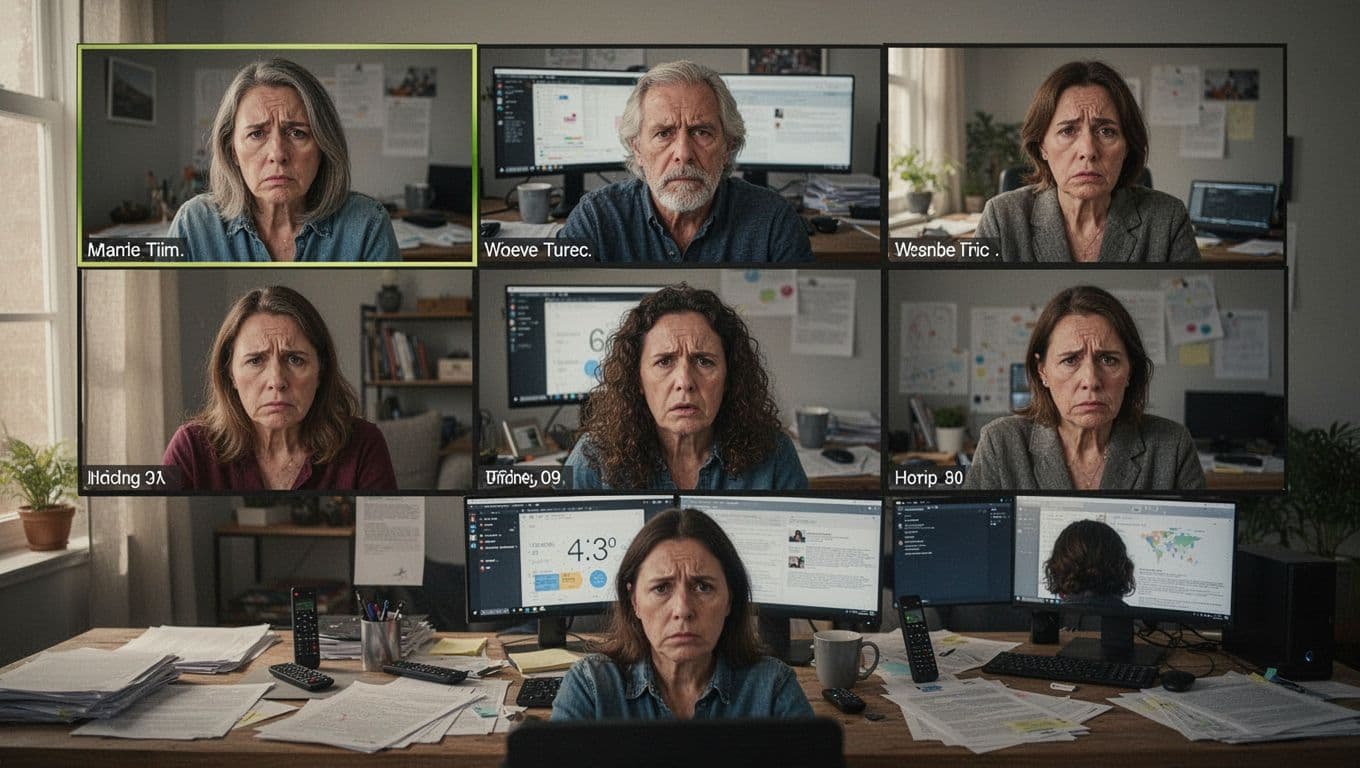 A diverse group of six remote professionals shows frustration, exhaustion, and disconnection during a video call, with split screens displaying different time zones and messy home offices in the background.