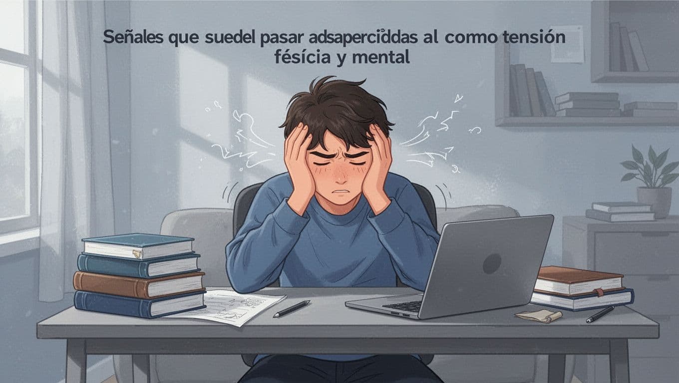 A young student at a cluttered desk in a cozy room, head in hands with tense shoulders and faint breathing visualization, illustrating subtle academic stress symptoms in modern illustration style with soft blues and grays.