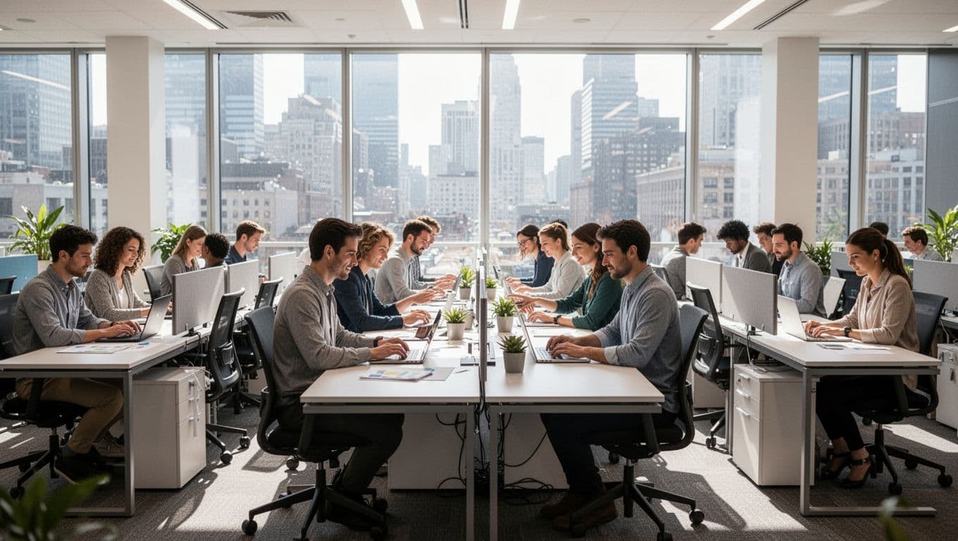 Modern open-plan office with 18 focused employees collaborating at desks under bright natural light, conveying productive energy and full staffing with no empty seats.