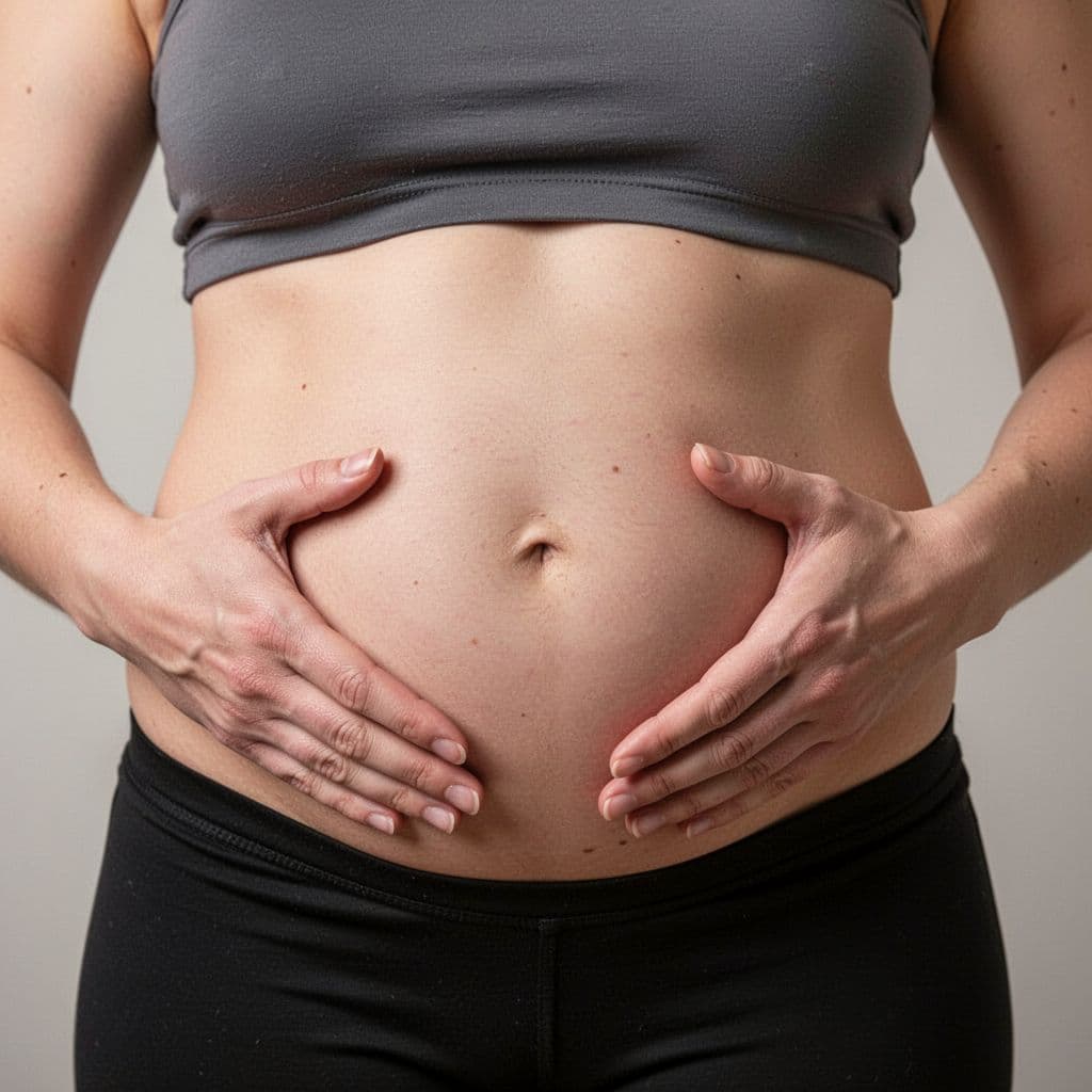 Close-up of a person's lower abdomen and hands resting lightly, showing gentle belly breathing movement, subtle rise on inhale and fall on longer exhale. Simple neutral background, soft lighting, realistic photo style.