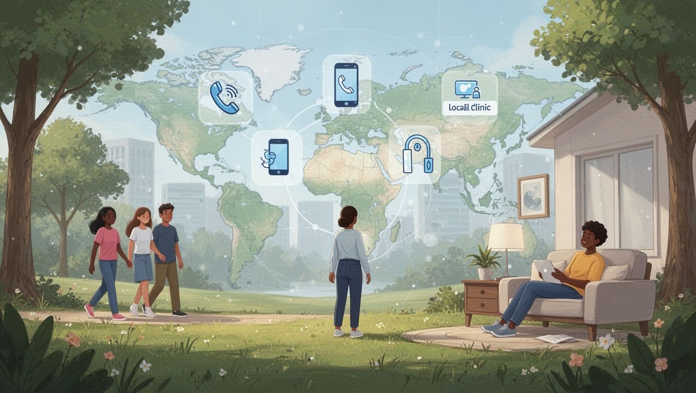 Serene illustrative scene of three diverse people in peaceful park and home settings with subtle counseling phone, app, and clinic icons on a world map overlay, soft calming lighting, peaceful mood.