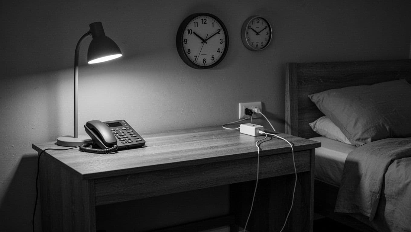 Realistic photograph of a desk with a phone in grayscale mode, charger plugged far from the bed in a dimly lit bedroom, clock showing late evening, wide composition illustrating healthy bedtime routine, no people or text.