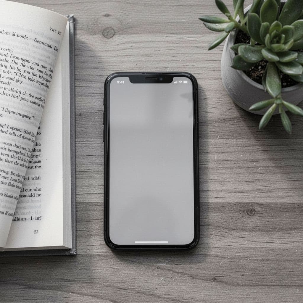 Close-up top-down view of a smartphone screen in grayscale mode on a wooden table next to a book and a plant, featuring neutral tones and realistic composition with no people or visible text.