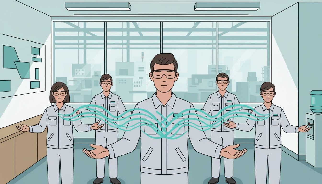 Ilustración moderna de un grupo de 5 supervisores y trabajadores en una sala de breaks de fábrica en CDMX, guiados por un líder frontal en pausas sincronizadas de respiración. Fondo con equipo industrial visible, estilo limpio con acento teal en la sincronía respiratoria.