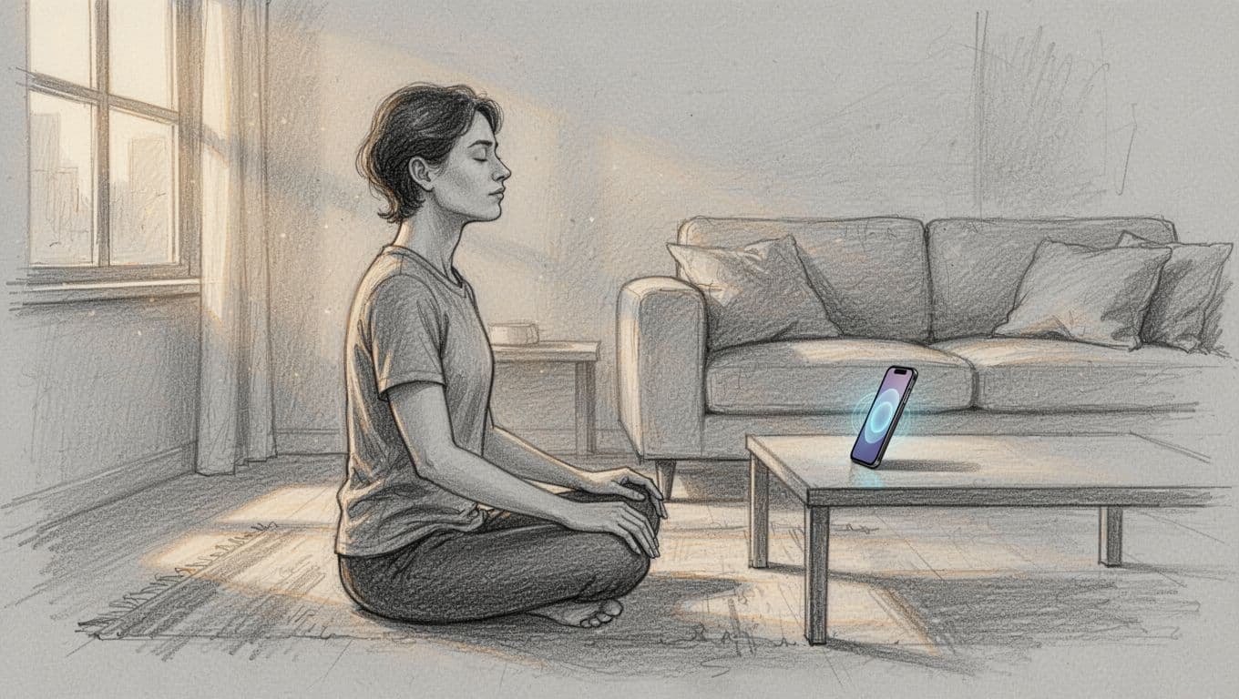 Hand-drawn sketch of a person sitting cross-legged on the floor in a modern living room, eyes closed calmly, hands relaxed on knees, following a guided box breathing exercise on a propped-up smartphone screen with a simple breathing animation, full body side-angle view.