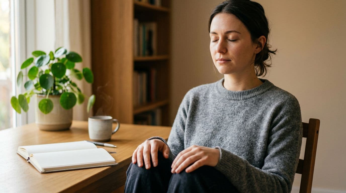 Close-up of a person with eyes closed and hands resting on lap, performing a guided breathing exercise in a serene workspace with a plant and notebook, under soft warm lighting.
