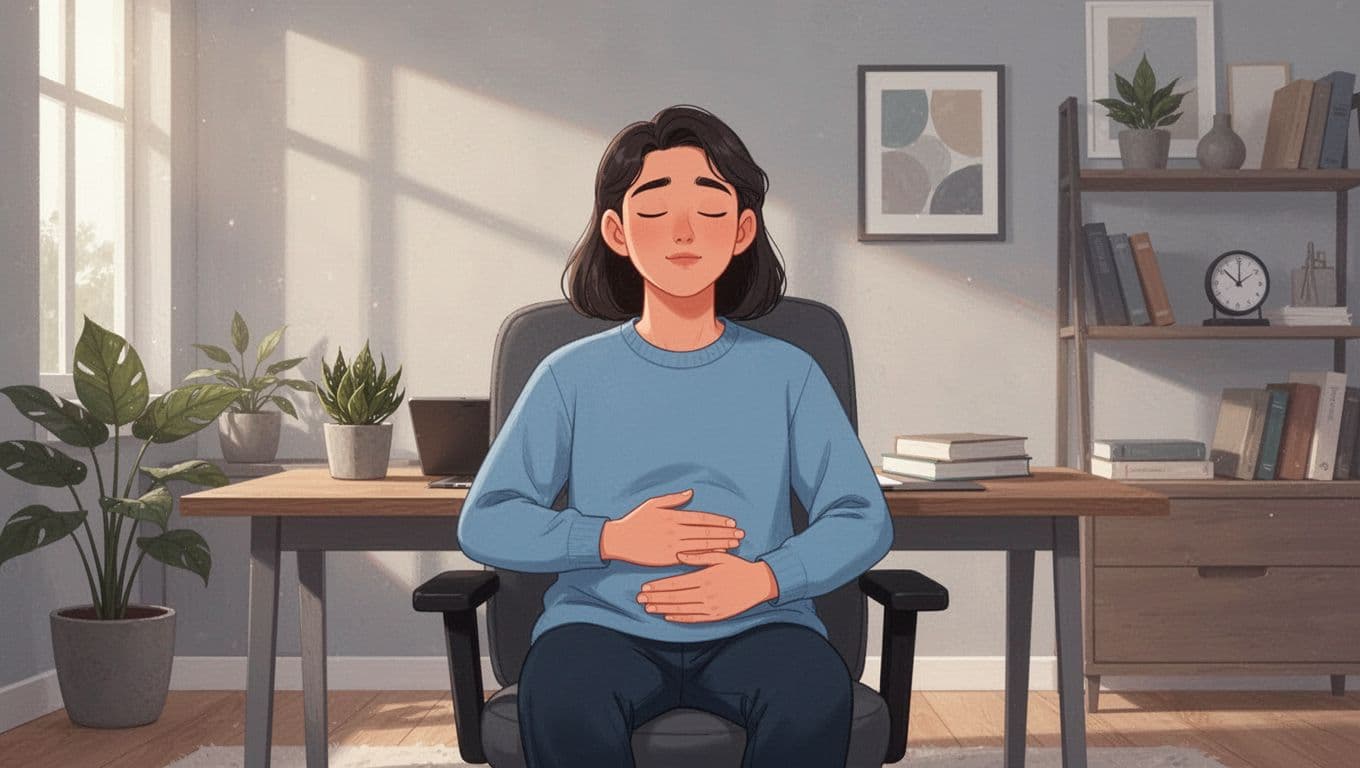 Person sitting comfortably in a cozy home office practicing guided breathing exercise: eyes closed, hand on belly, relaxed upright posture, serene expression. Modern illustration with clean shapes, soft blues, grays, muted warms, balanced composition, warm lighting. Exactly one person, no devices, text, or watermarks.