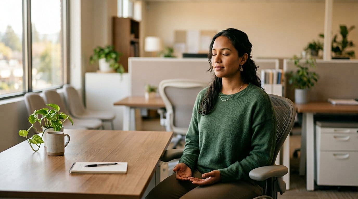 A person performs a guided breathing exercise at their work desk, eyes closed with hands relaxed on lap, in a calm office setting illuminated by warm lighting, captured in realistic photography style.
