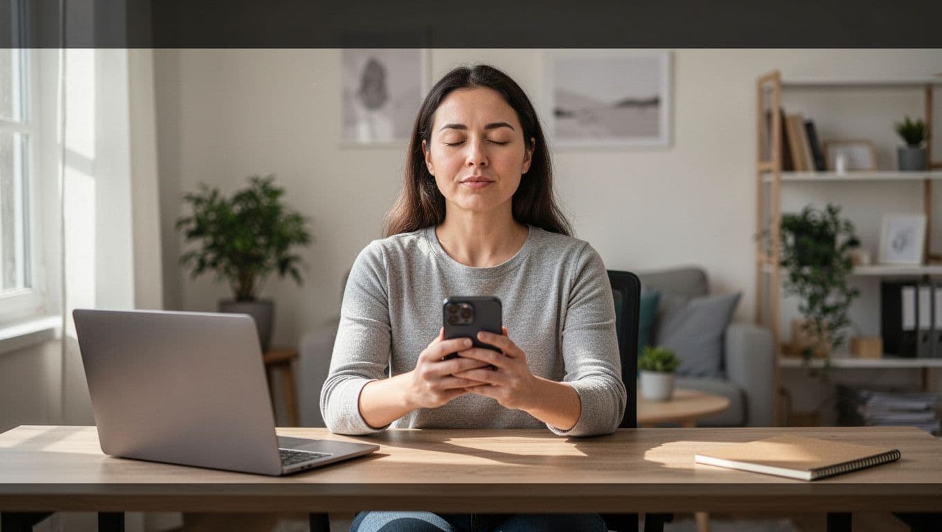 A person seated at a work desk with a laptop nearby, performing a guided breathing exercise on their smartphone, eyes closed in a relaxed posture, in a naturally lit room with clean photographic style.