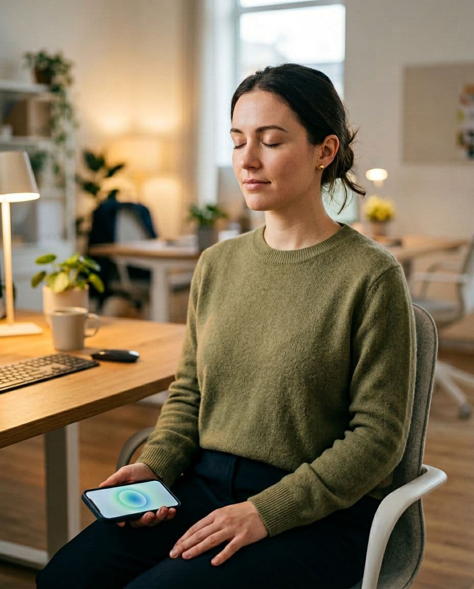 A calm person seated at a minimalist office desk takes a guided breathing exercise break between support tickets, holding a phone showing a simple app, eyes closed with relaxed hands on lap, soft photorealistic style and warm interior lighting.