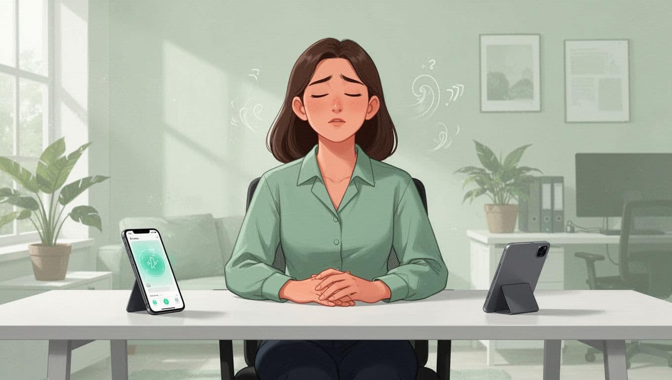 A young professional woman at her bright home office desk, phone aside, breathes calmly with eyes closed and hands relaxed in her lap, capturing a moment of stress relief through a guided pause.