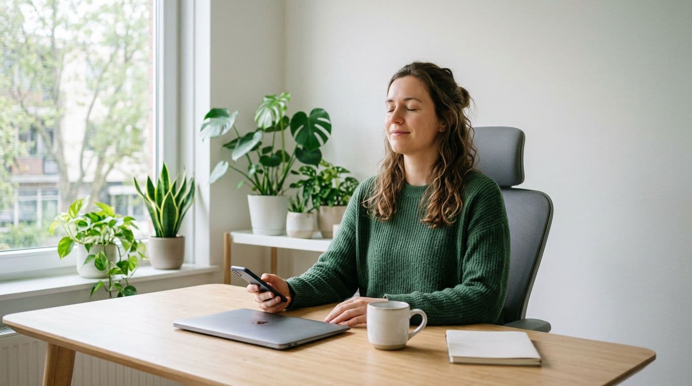 A single person sits at a modern desk holding a phone, eyes closed in relaxed guided breathing practice during a work pause. Minimalist background with plants and window, soft natural lighting, clean photographic style.