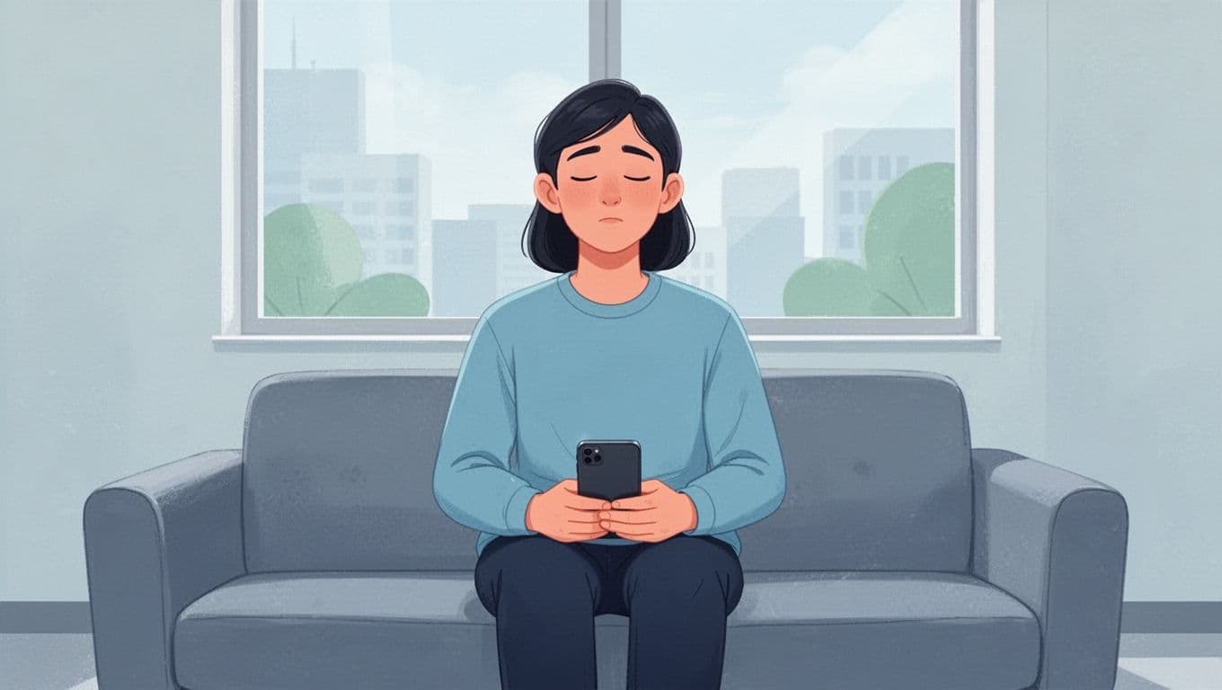 Una persona sola sentada en un sofá moderno de oficina con ojos cerrados, practicando respiración guiada con teléfono en la rodilla, expresión de calma profunda y manos relajadas, en entorno minimalista con colores suaves.