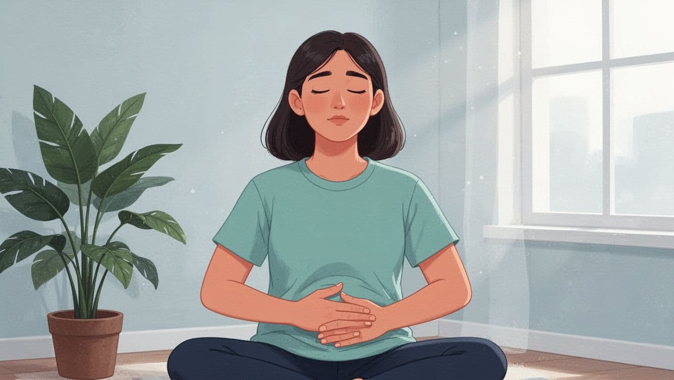Modern illustration of an adult practicing guided breathing, seated comfortably with eyes closed and hand on abdomen in a serene room with soft natural light.