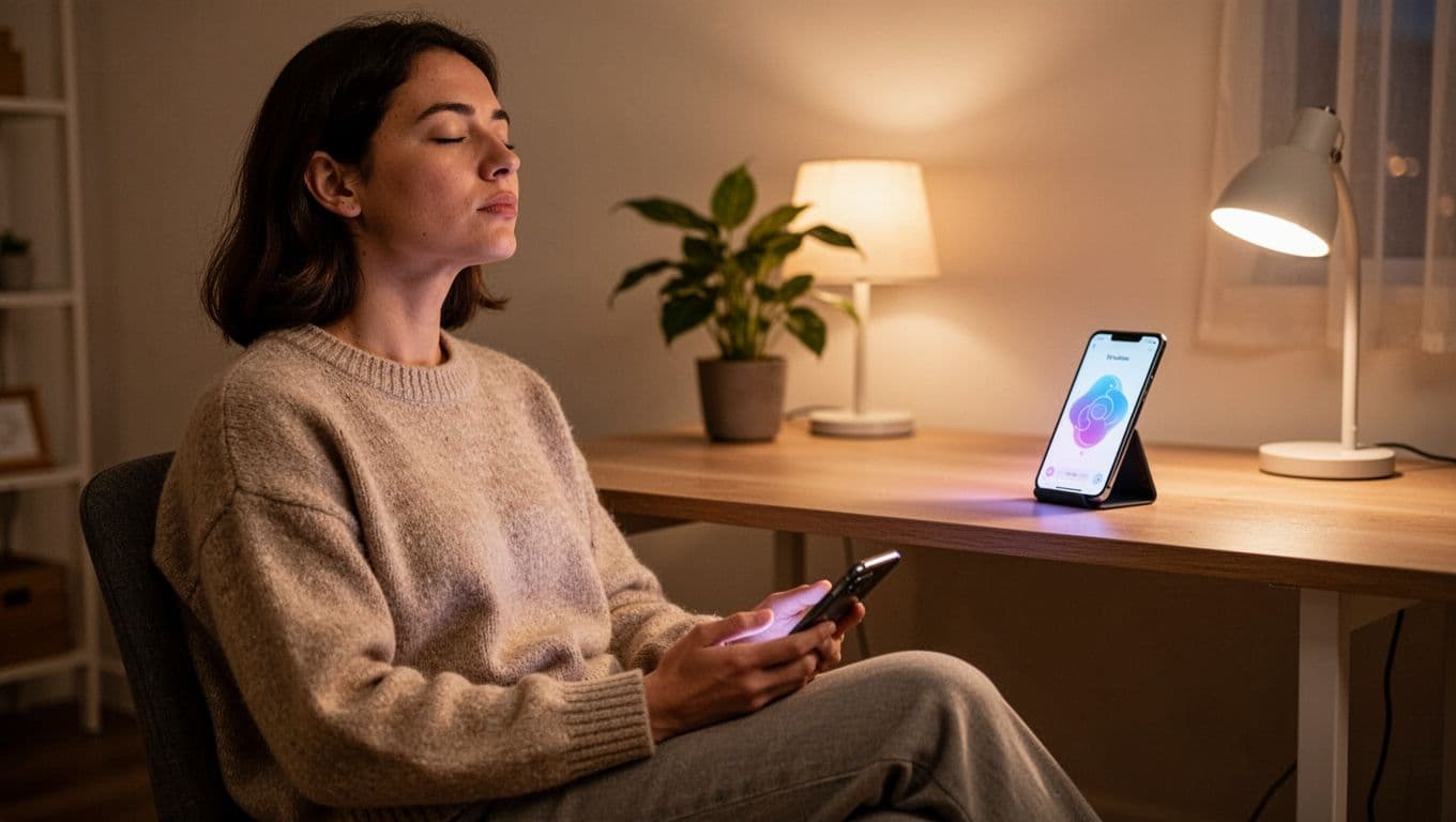 Person using a mobile app for guided breathwork in a cozy home office, sitting at desk with phone propped up, eyes closed breathing deeply, relaxed in comfortable clothes.