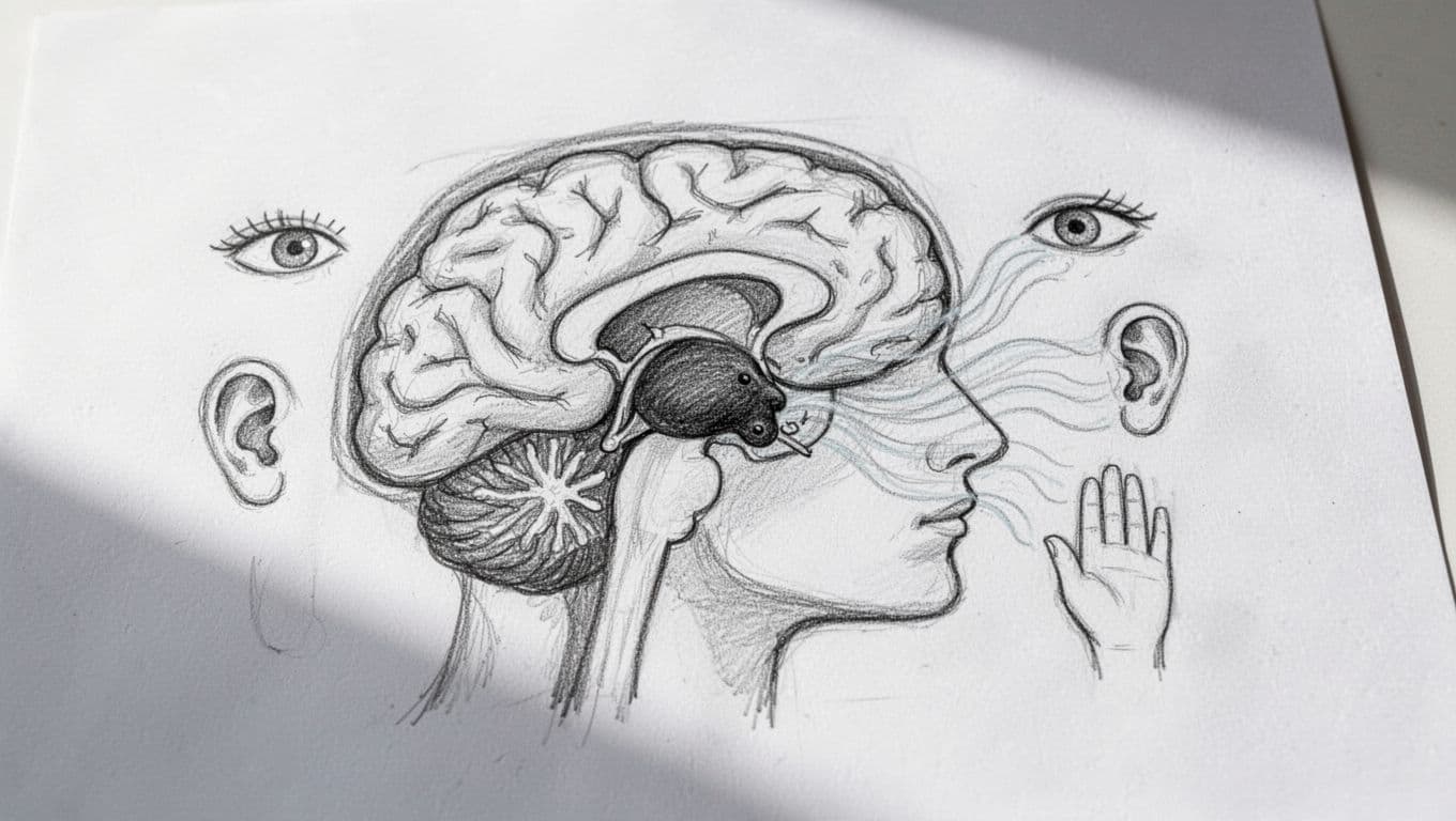Hand-drawn sketch of a human brain in side profile view, featuring graphite linework and light shading. The amygdala is shaded darker to show activation, with calming waves from simple eye, ear, and hand icons representing sensory input that reduces its activity.