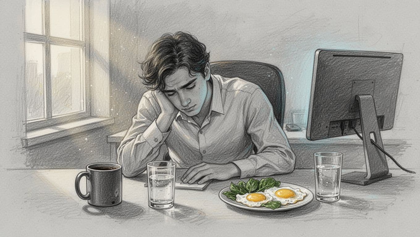 Hand-drawn sketch of a tired young professional slumped at an office desk with head on hand and empty coffee mug, foreground featuring half-full water glass and plate of greens and protein.