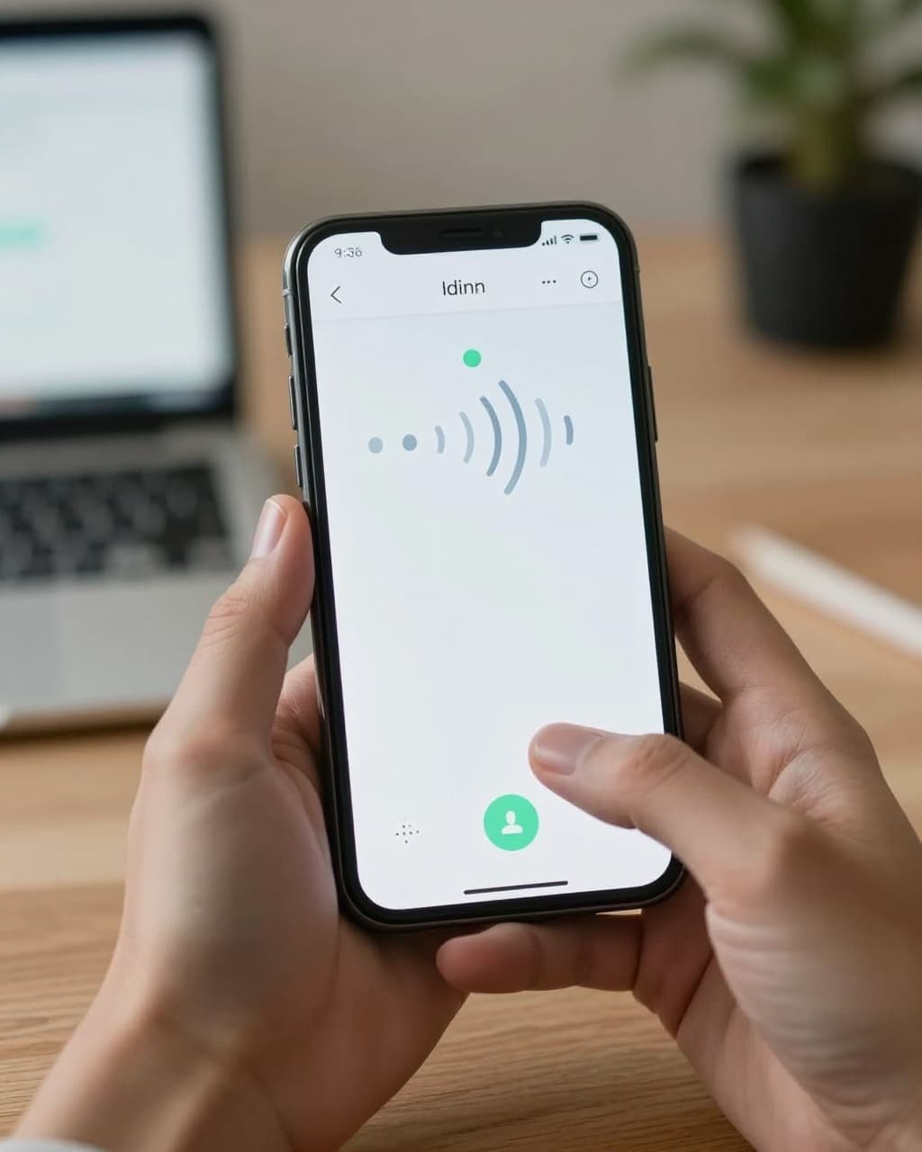 A relaxed hand holds a smartphone at an angle on a desk, displaying a simple breathing app interface with a visual breathing guide. Blurred office background emphasizes the device with realistic soft lighting and no readable text.