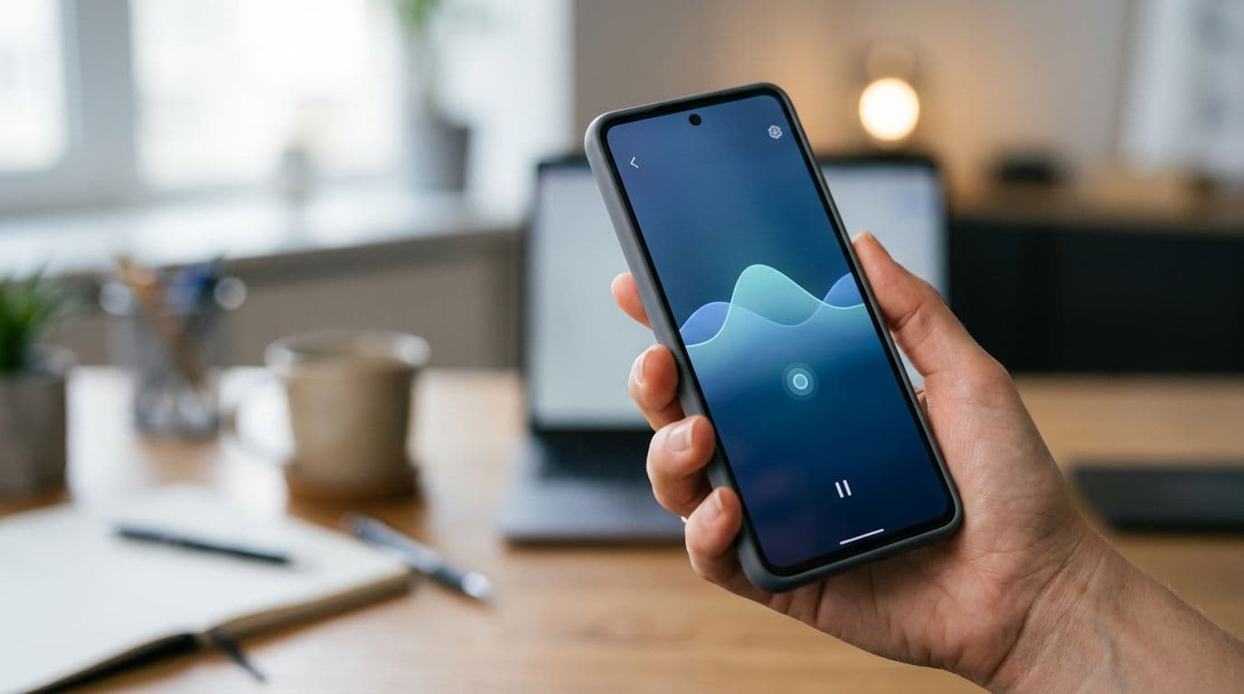 A clean, simple app interface on a smartphone held naturally in hand, featuring a breathing exercise timer with subtle wave animation against a blurred office desk background. Modern minimalist design with realistic render, soft lighting, and focus on the angled device.