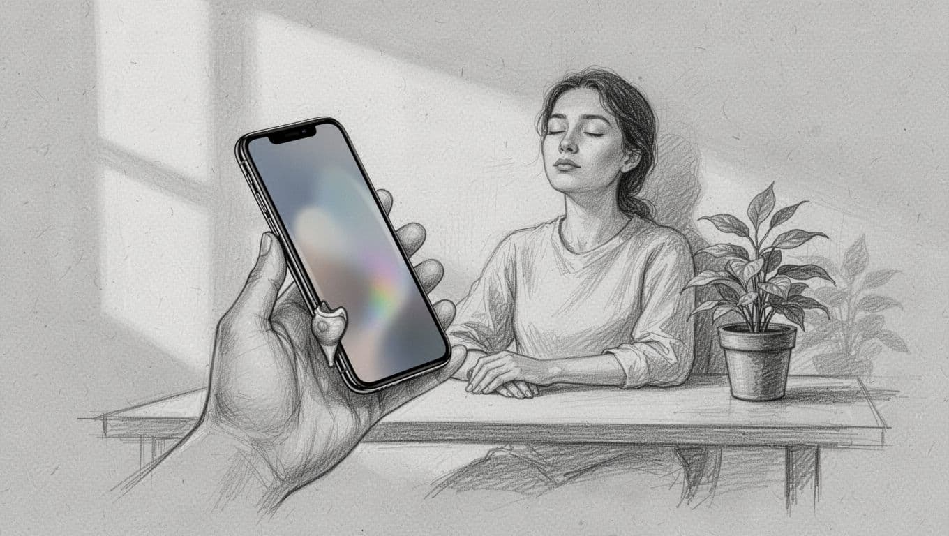 Hand holding a smartphone at a slight angle with softly blurred screen facing away, person in background sitting relaxed with eyes closed breathing deeply, simple desk setting with plant, in hand-drawn graphite sketch style on light gray paper.