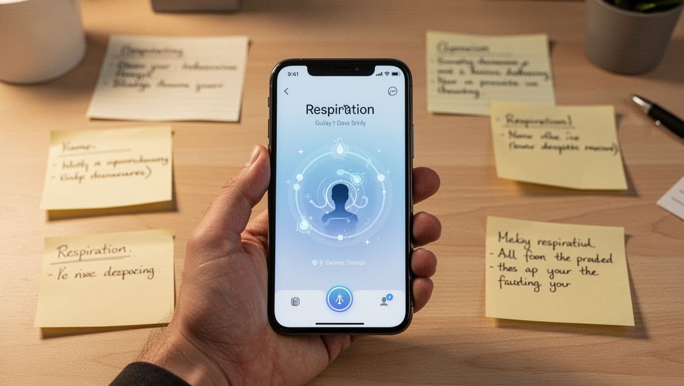 A hand holds a smartphone displaying a simple breathing app guide on a calm, productive desk background with presentation notes, warm lighting, realistic style focused on the phone without legible text or logos.