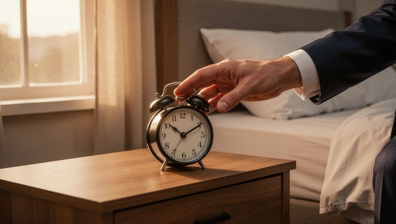 Simple alarm clock on nightstand showing early morning time with soft golden hour light through window and neat bed in background. Executive's hand gently turns off the alarm, focusing on serene wake-up routine.