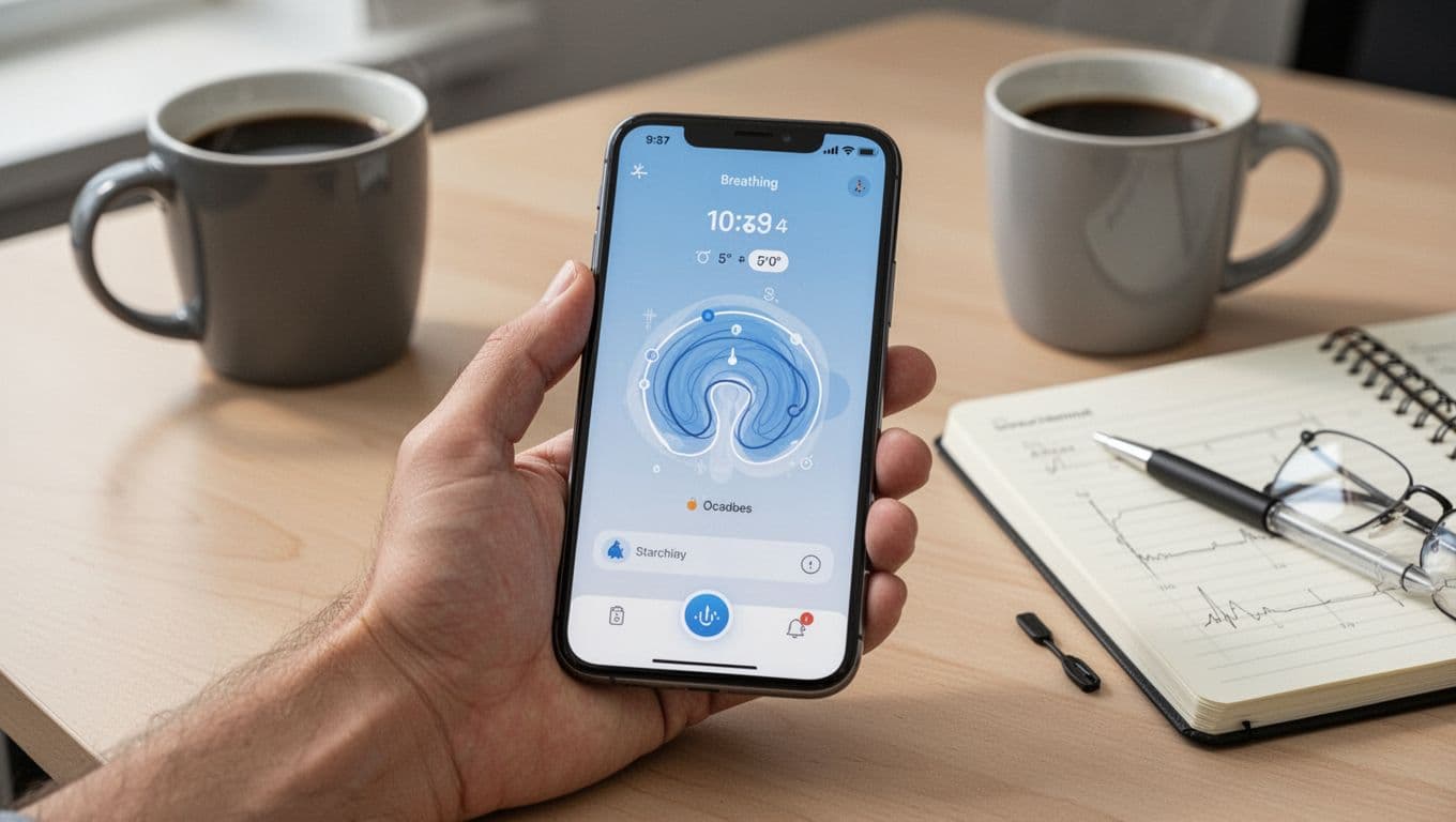 A smartphone screen displays a simple breathing app interface with timer and guide visualization, held relaxed in hand at a desk surrounded by office items like coffee mug and notebook, angled view in modern realistic style with natural light.