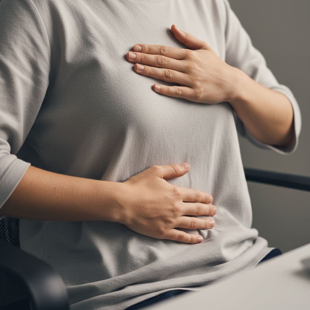 Photorealistic close-up of two hands in seated posture practicing a breathing exercise, one hand on the belly and the other on the chest, simple office chair background, soft lighting, no face or text.