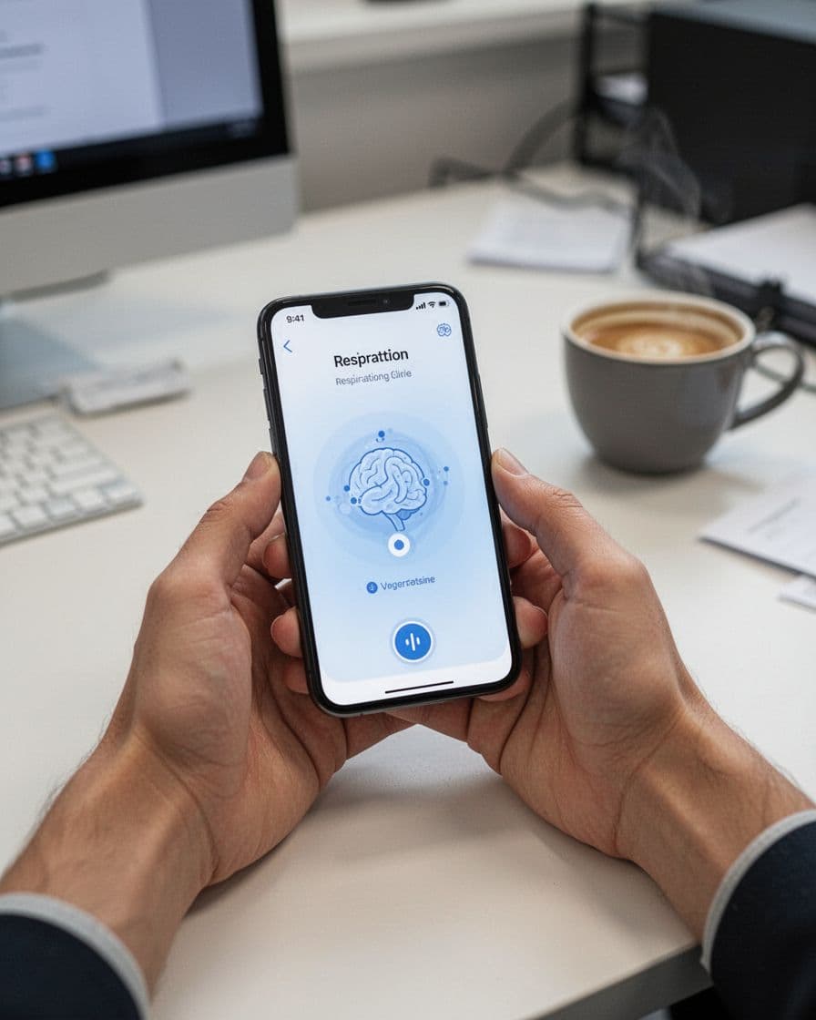 A realistic photograph captures two relaxed hands holding a mobile phone on an office desk, displaying a simple guided breathing app on a slightly tilted screen with no detailed text visible. The calm setting features soft lighting, a coffee cup, and an office background, focusing on the device without logos or brands.