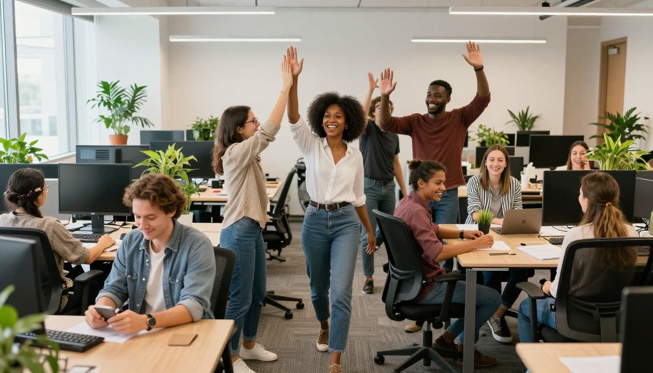 A joyful diverse group of six employees in an open office space exchange high-fives and smiles after completing a successful project, surrounded by plants and natural light.
